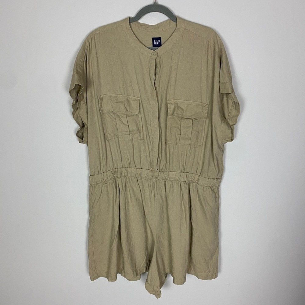 GAP Utility Romper Iconic Khaki Tan Linen Elastic Waist Pockets Womens XXL